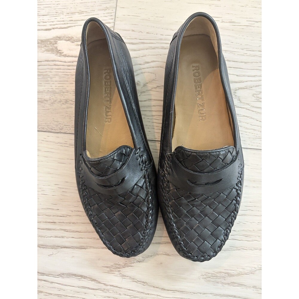 7.5 ~ Robert Zur Loafer Driving Moccasin Woven Leather Womens Black